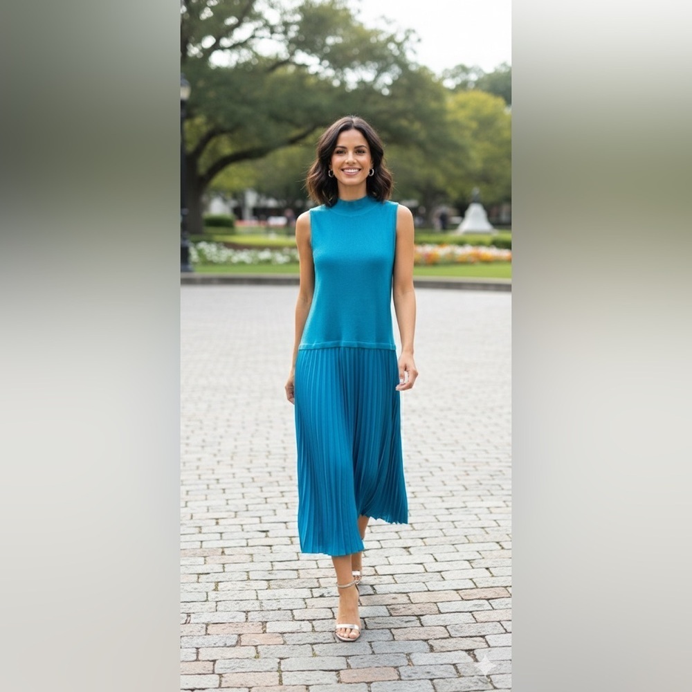 Avara Blue pleated bottom high neck sleeveless maxi dress size large